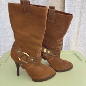 New BCBG Taupe brown tan Suede Slouch mid  HighHeeled Boots Y2K style 7.5